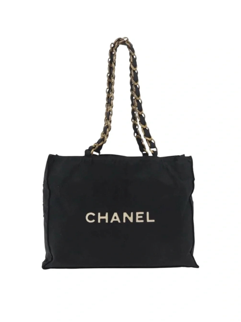 👜 CHANEL Black Tote Cream CC Logo Chain-Strap Golden Nylon Authentic Coco